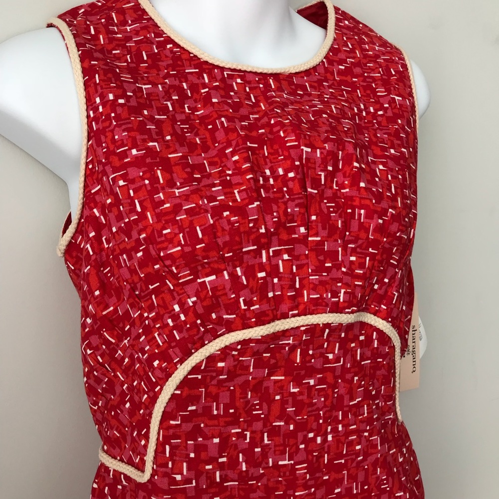 NWT Sharagano Noir Red Multicolor Linen Cotton Dress Size 2